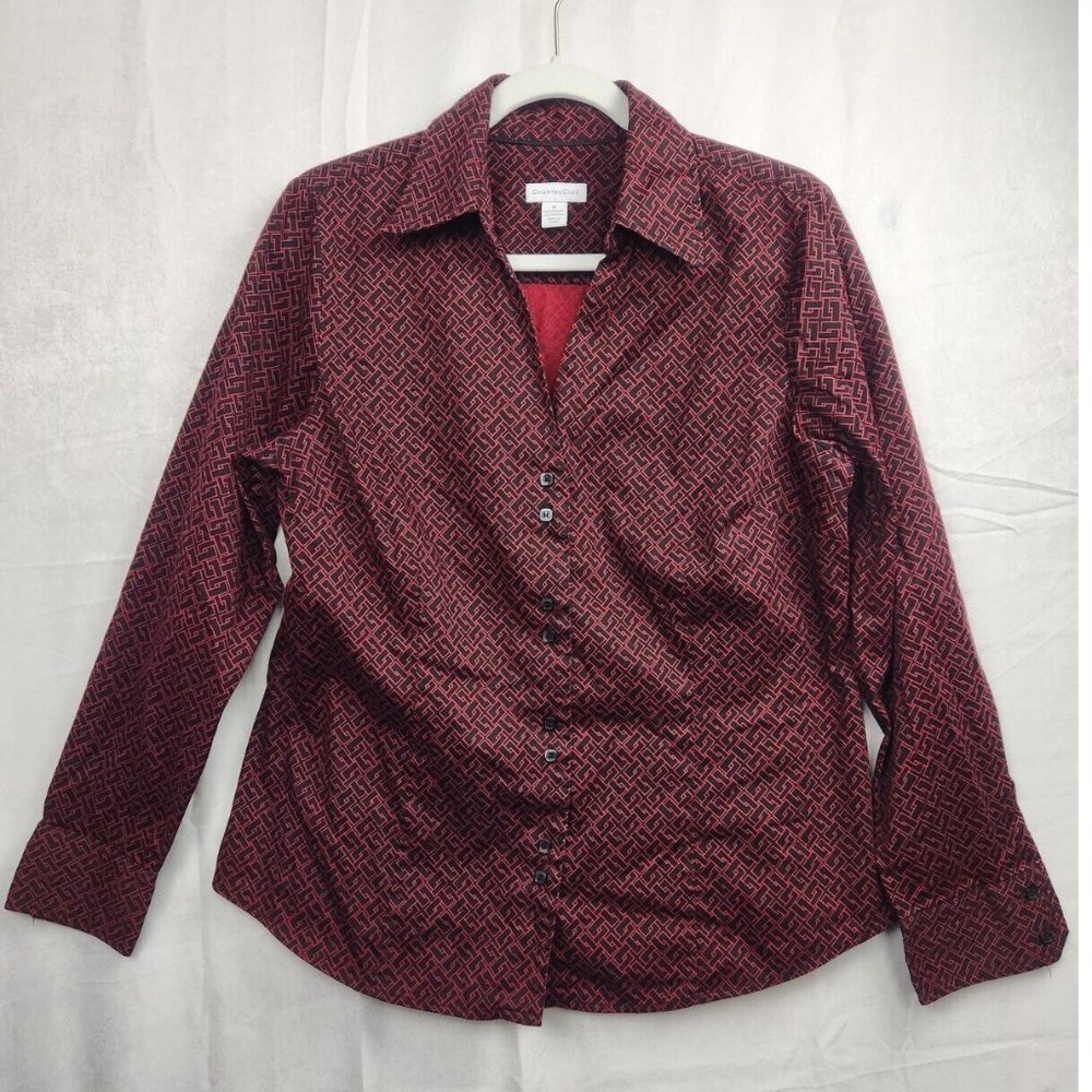 Red & Black Geometric V Neck Button Up Charter Club Women's Blouse Sz 14